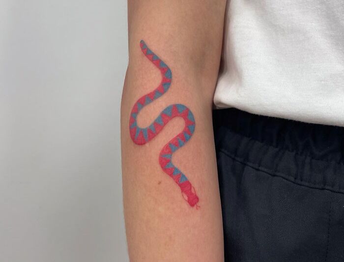 Blue and red snake tattoo on arm