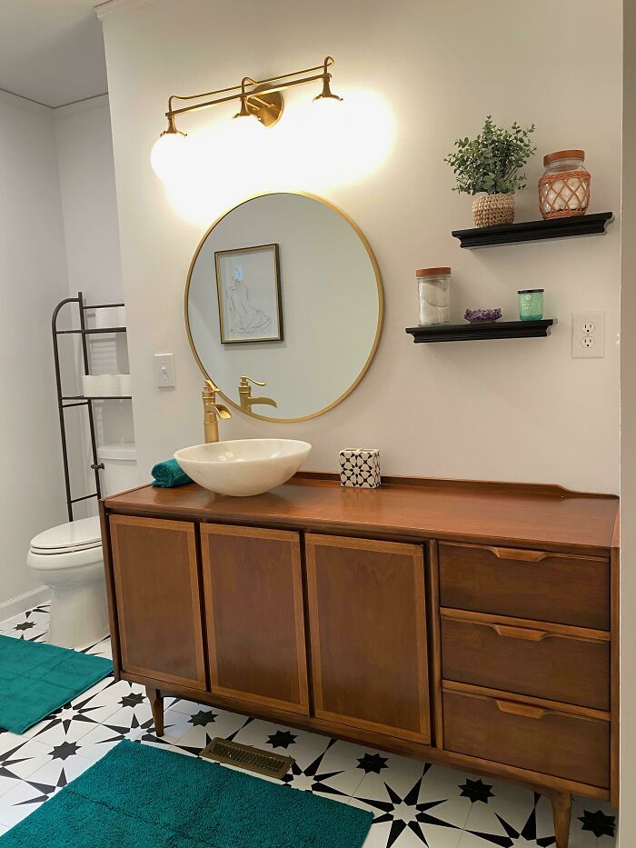 My Fiance And I Finished The Remodel Of Our Bathroom In Our First Home! Featuring A Beautiful Credenza We Converted To A Vanity