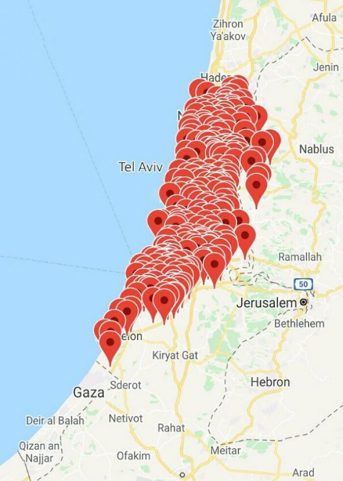 Every Red Dot Marks Sirens In Israel Over The Last 30 Minutes