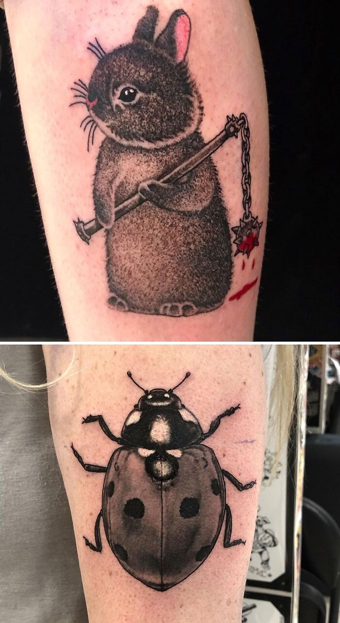 Two tattoos: one black bunny with spiked ball mace in its hands and other - black ladybug
