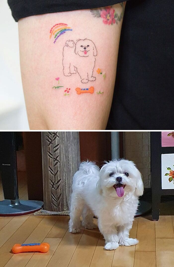 Linear delicate dog with rainbow and orange bone tattoo