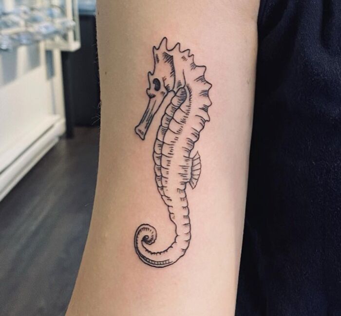 Black linear simple seahorse tattoo