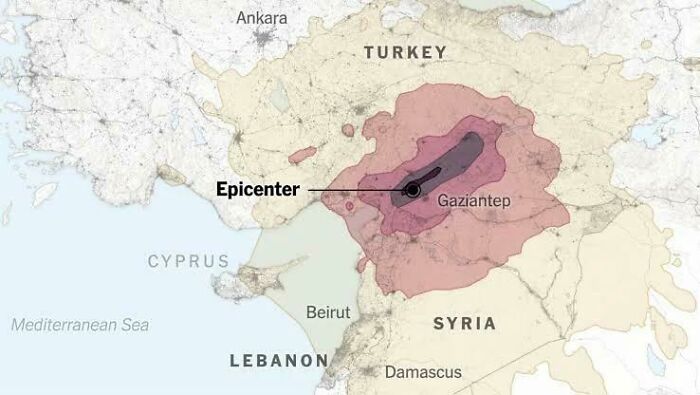 Areas Effected By The Massive 7,8 Earthquake In Kahramanmaraş, Turkey