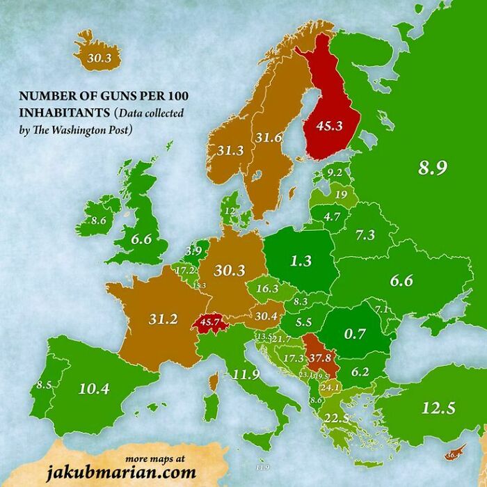 Number Of Guns Per 100 Inhabitants In Europe