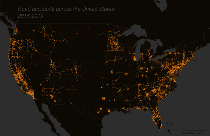 A Map Of Where Traffic Accidents Occurred Between 2016 And 2019, In 48 States