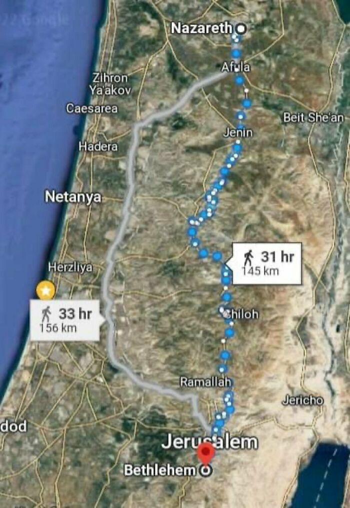 Today Joseph And Mary Would Have To Pass Through 15 Checkpoints To Get From Nazareth To Bethlehem. - Map