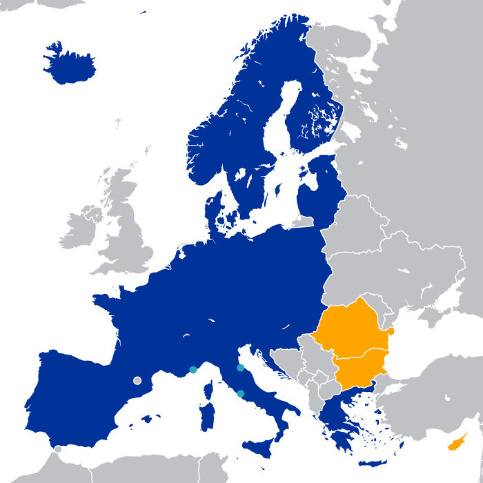Map Of The Schengen Area As Of January 1st, 2023. Light Blue Countries Are De Facto Participating, And The Yellow Countries Are Committed To Joining In The Future. The Source Is Wikipedia
