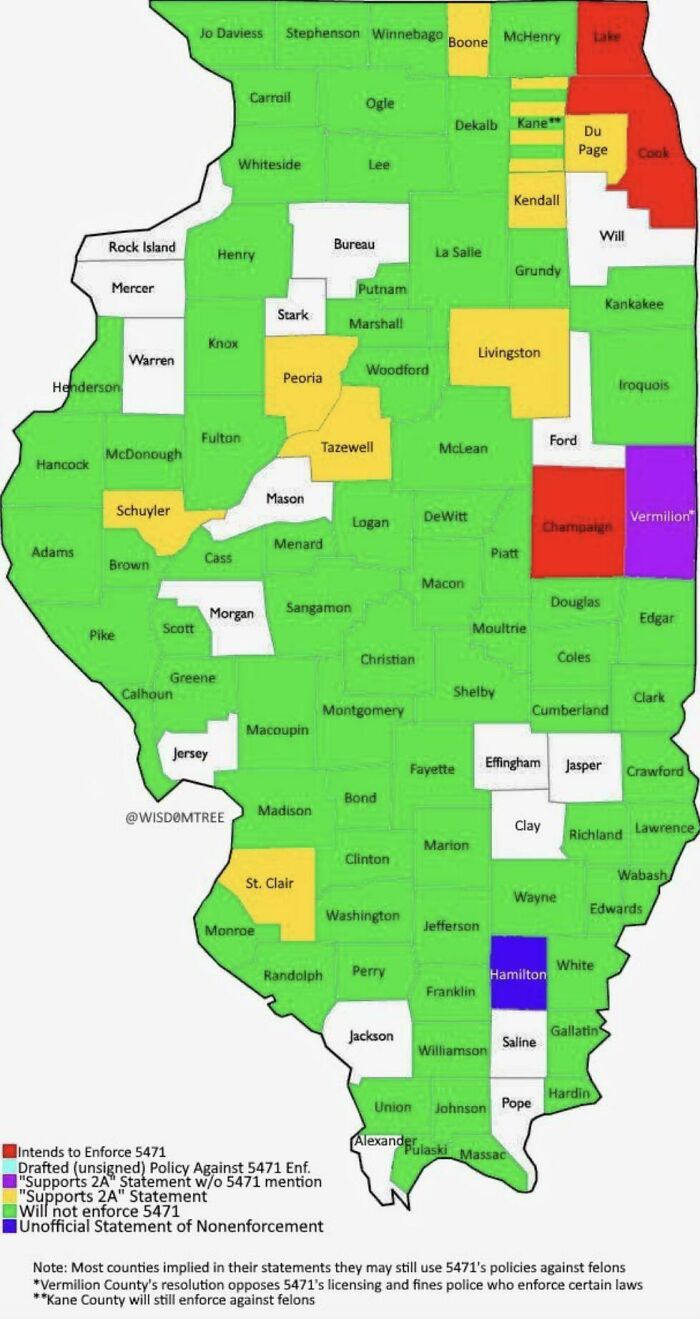 Map Of Counties Of Illinois Which Will And Will Not Be Enforcing Illinois's New Assault Weapon Ban