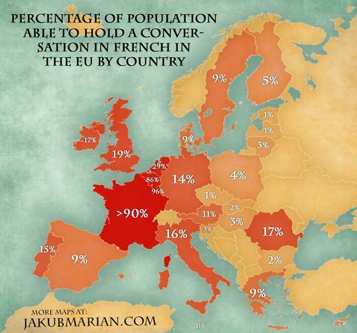 Map Of The Percentage Of Population Able To Speak French In The Eu By Country