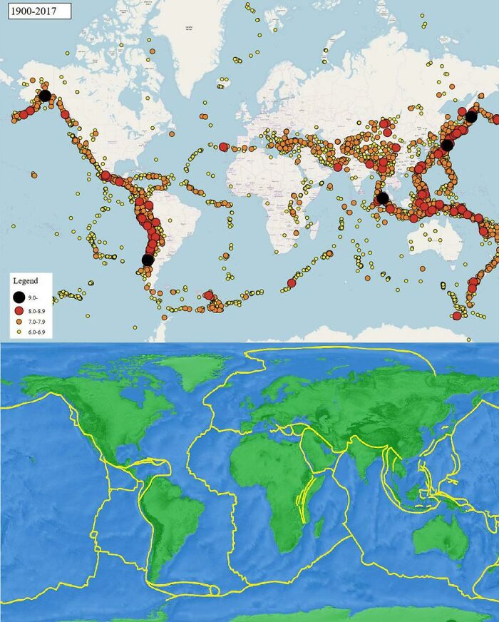 Alguien aquí publicó un mapa de terremotos desde 1900 (arriba). Ahora miren 1 por 1 el mapa de las placas tectónicas reales (abajo) 