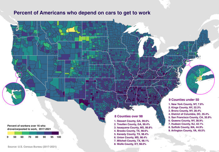 America's Car Reliance: Getting To Work Across 48 States Mapped