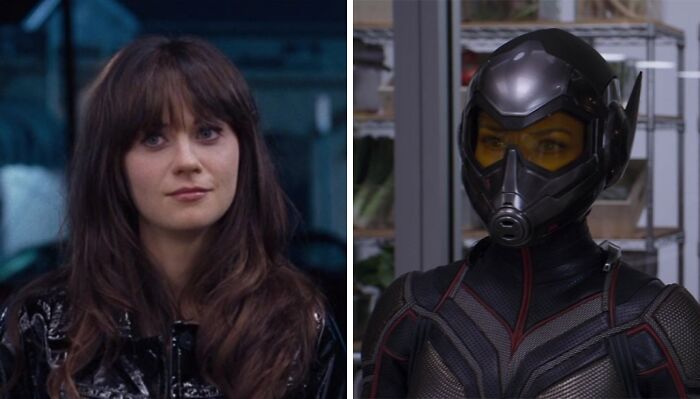 Zooey Deschanel smiling and Evangeline Lilly as The Wasp