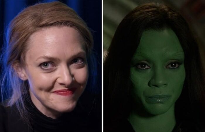 Amanda Seyfried in movie The Dropout and Zoe Saldana as Gamora