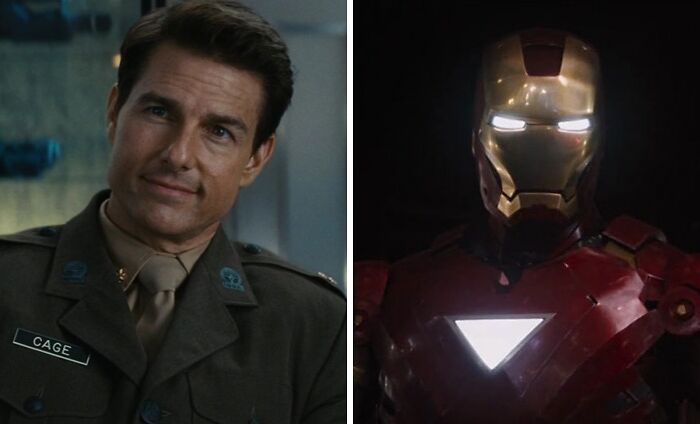 Tom Cruise in The Edge of Tomorrow movie and Tony Stark with Iron Man suit