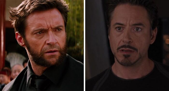 Hugh Jackman as Logan and Robert Downey Jr. as Iron Man