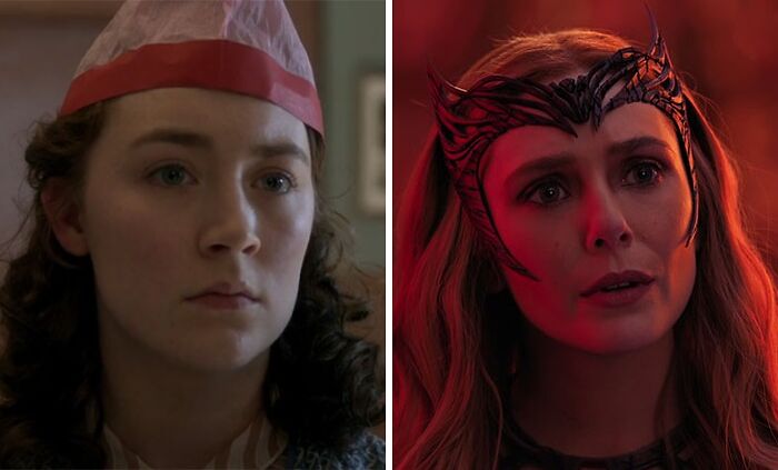 Saoirse Ronan in Brooklyn movie and Elizabeth Olsen as Scarlet Witch