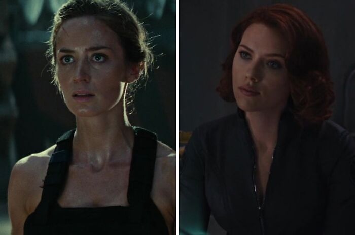 Emily Blunt as Rita Vrataski and Scarlett Johansson as Natasha Romanoff