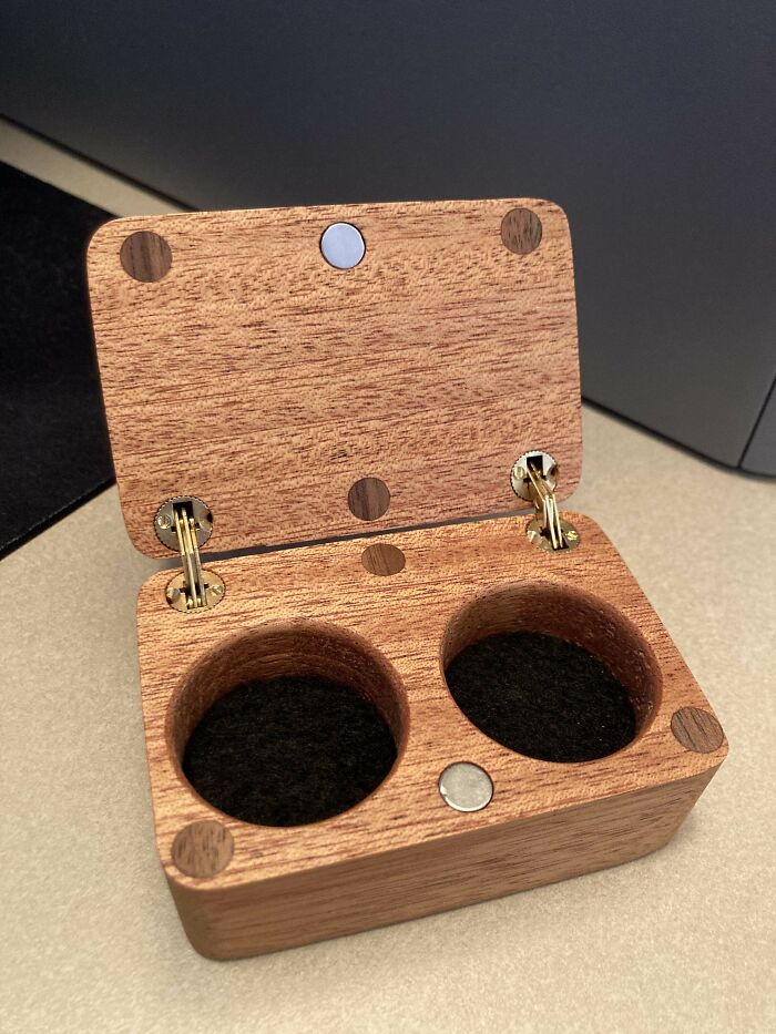 Last Thursday, I Asked This Subreddit For Help Solving A Mistake I Made Making Some Ring Boxes (Holes Drilled In The Wrong Spot). Thanks To Your Suggestions, I Fixed It (More Holes & Walnut Plugs) And Now Have A Finished Product That I’m Very Proud Of! Thanks Y’all!!!