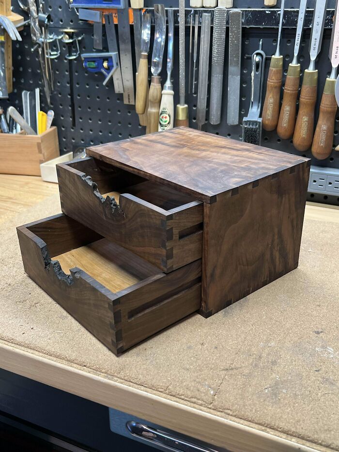 Walnut Drawer Box I Completed Recently With Knot Burl Drawer Pulls. Hand Tools Only