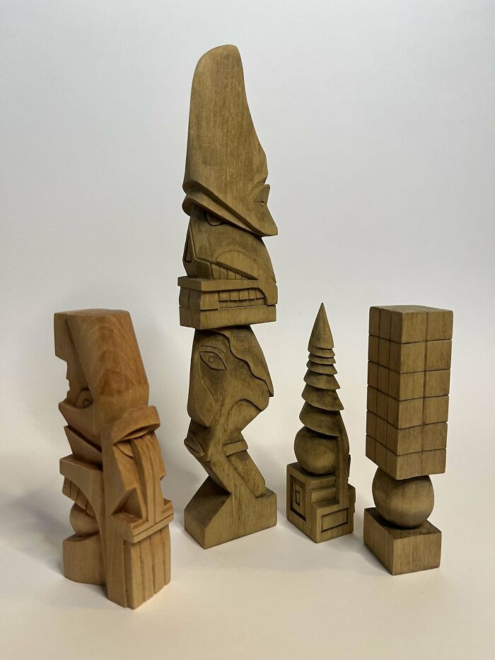 I Whittled An Unintelligible Chess Set For Fun. Stained Basswood Carved With Xacto Blades