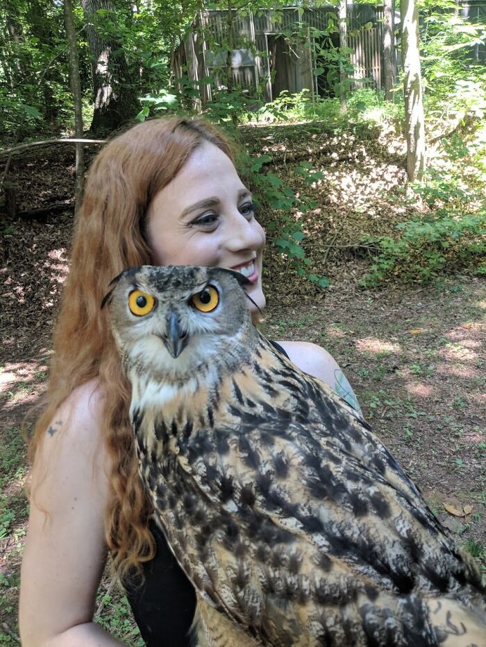 My Wife Absolutely Loves Owls, So I Took Her To An Owl Rescue Last Summer. This Is Her Holding A Superb Eurasian Eagle Owl, About 30 Seconds Before I Proposed