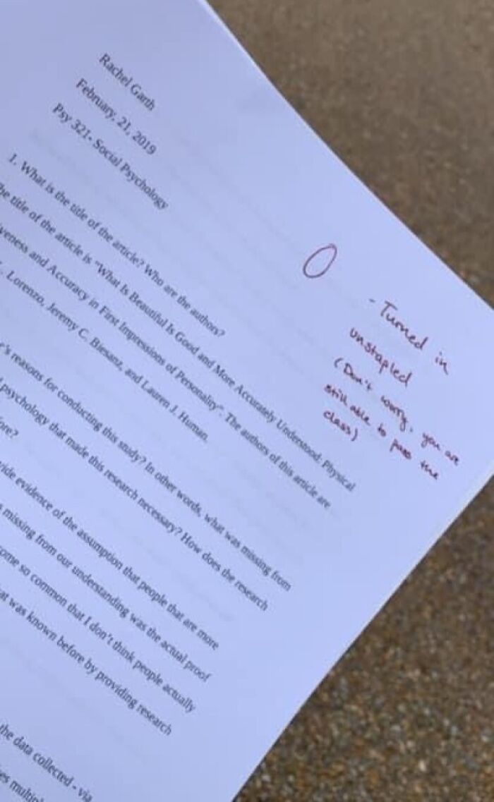 Student Gets A Zero On An Assignment For Turning It In Unstapled