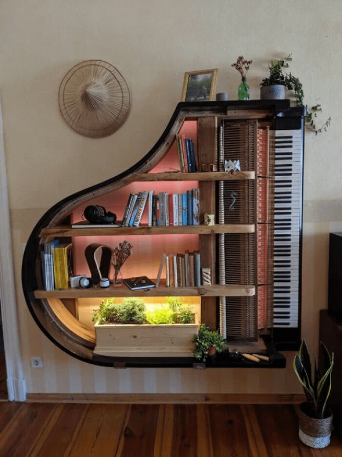bookshelf made from piano 