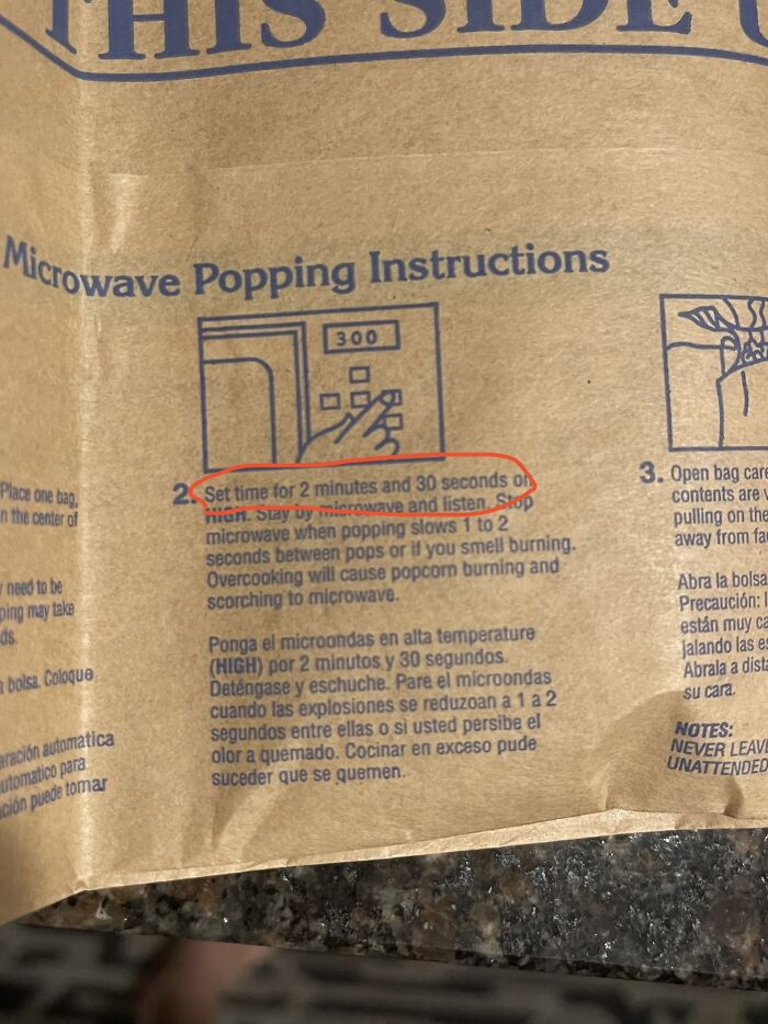 This Popcorn Bag That Says Microwave For 2 Minutes 30 Seconds, But Has A Picture Of A Microwave With 3 Minutes On It