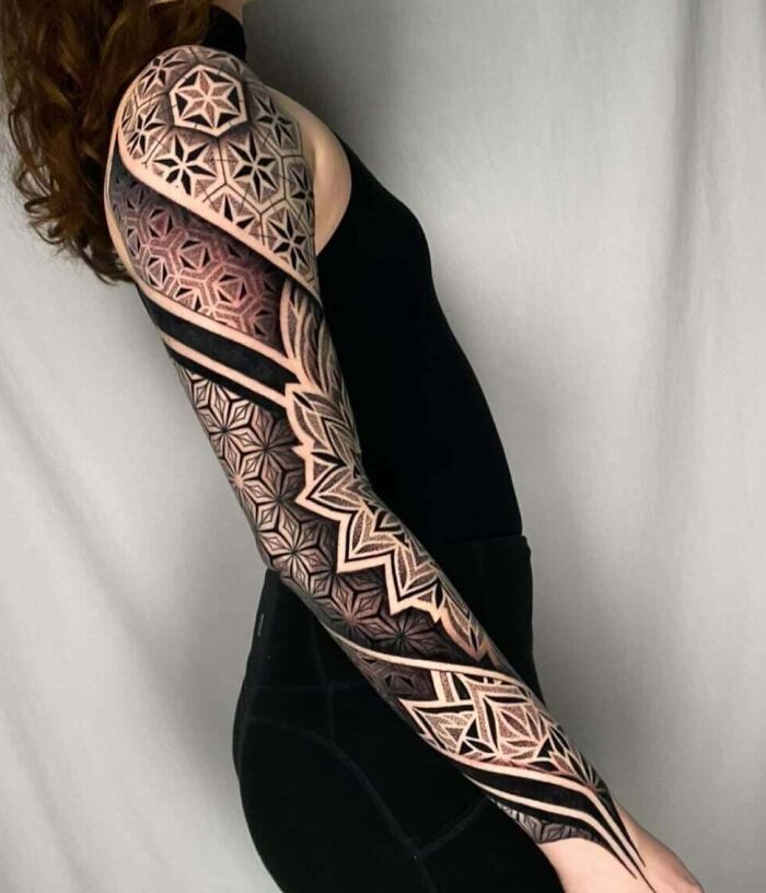 Abstract geometric right arm sleeve tattoo