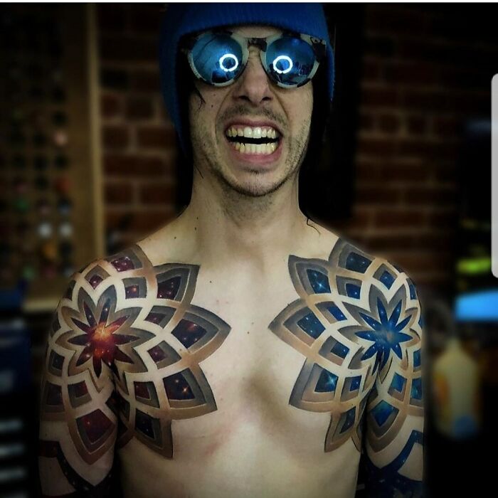 3D geometric space blue and red shoulders tattoo