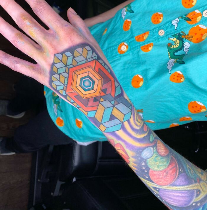 Geometric Hand Tattoo To Finish Up My Psychedelic Sleeve - By David Goldstein at Dead Gods Tattoo (Tigard, OR)
