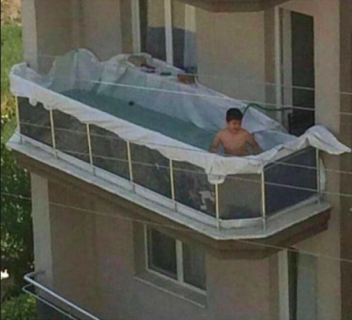 If You Have A Balcony, But Don't Have A Pool, The Solution Is Simple. All Balconies Are Designed To Handle The Weight Of Both Air And Water, Because They Weigh The Same. Use Plastic Sheeting And A Hose To Make Your Own "Balcony Pool!"