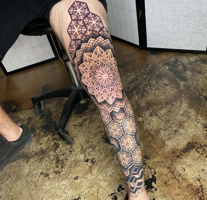 Geometric Leg Sleeve By Raul Wesche At Gold Rush Tattoo Collective In Houston