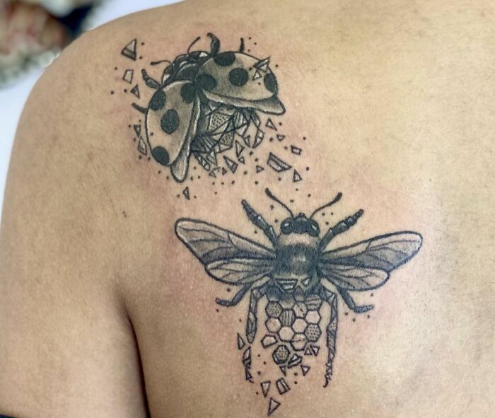 Geometric tattoos of a ladybug and bee with intricate patterns on skin.