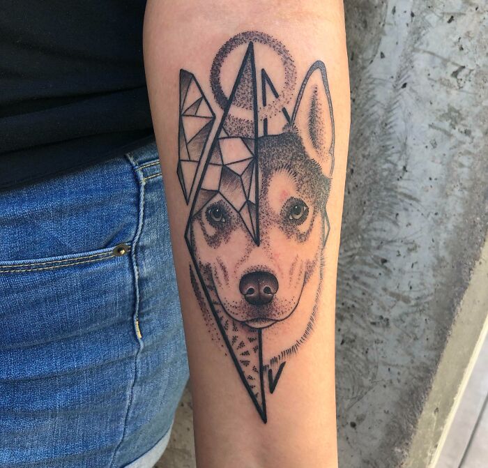 My Pup Who Passed Away In Half Geometric Form Done By Anthony Triana At 27 Tattoo, Phoenix, AZ