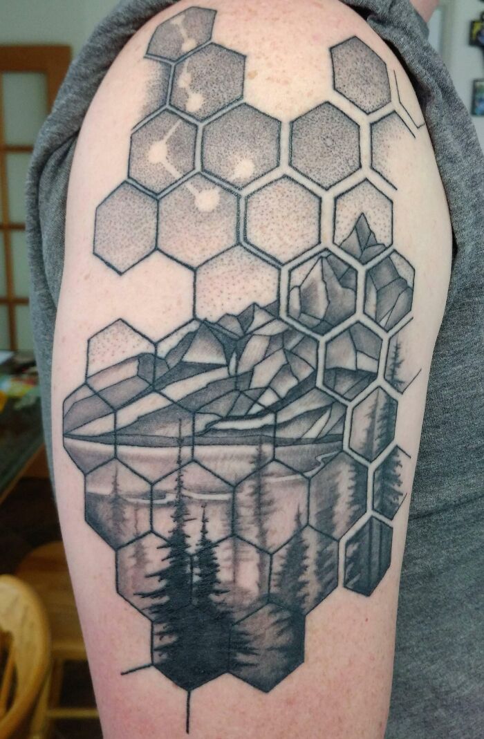 My First, Healed. Geometric Pattern And Landscape By Canyon Webb, Reno Tattoo Company, Reno NV