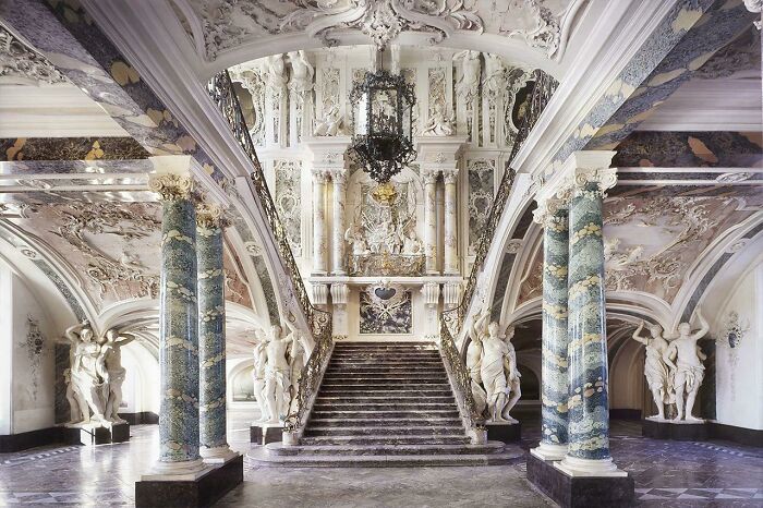 Grand Staircase Of Augustusburg Palace In Bruhl, Germany. An 18th Century Rococo Palace