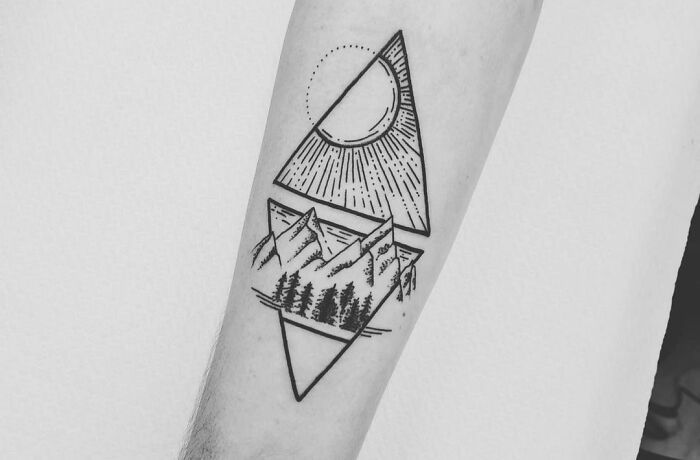 Black two pyramids tattoo with mountains, pine trees and sun
