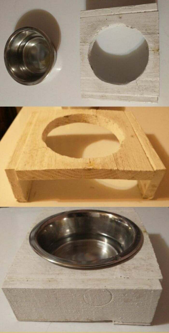 Cat Water Bowl Holder, Made From Scrap Wood & Cracked Where You See The Glue, A Bit Over Halfway In The Middle. Top Piece Was Warped, I Also Used 18 Gauge Brad Nails To Keep It Together. Notice The Beautiful Clamp Marks & The Wedge I Tacked On To Keep It Level. Hole Cut Out W/ Jig Saw