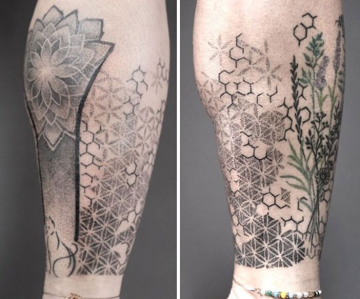 Geometric tattoo with floral elements on a person's calf, featuring intricate shapes and creative patterns.