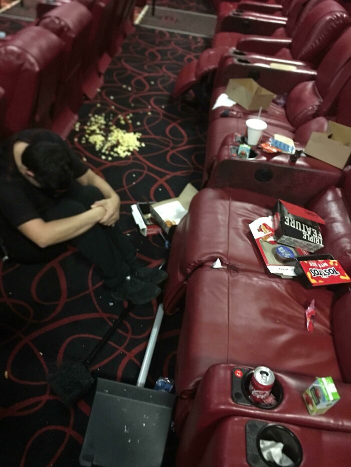 I Work In A Movie Theater That Is Having End Game Shows Ever 15-30 Mins. This Is The Mess We Found In One Theater. Please Be Nice To Staff And Clean Up After Yourself