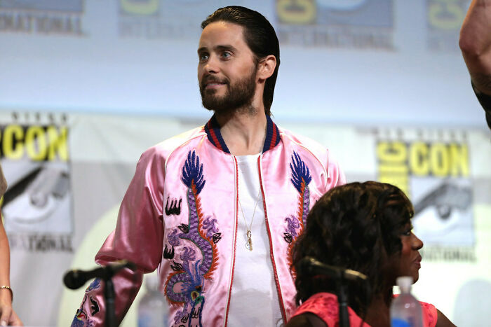 Jared Leto wearing pink jacket 