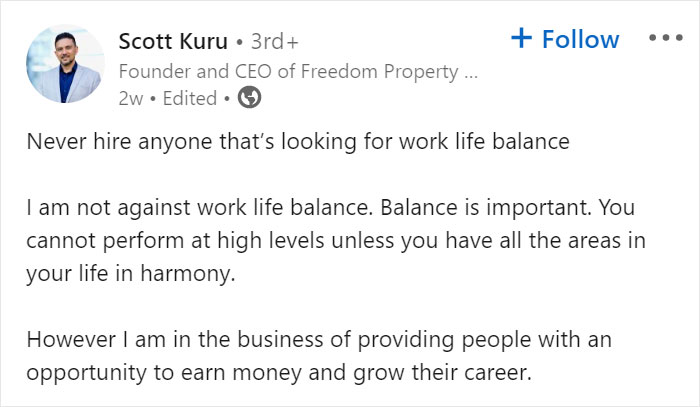 CEO Makes A LinkedIn Post Saying "Never Hire Anyone That's Looking For Work Life Balance," And It Backfires