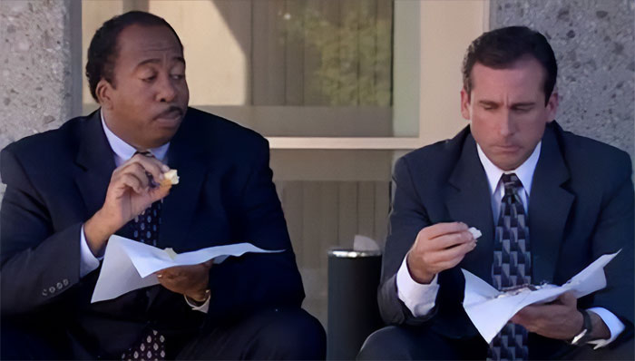 Michael with Stanley eating pretzels