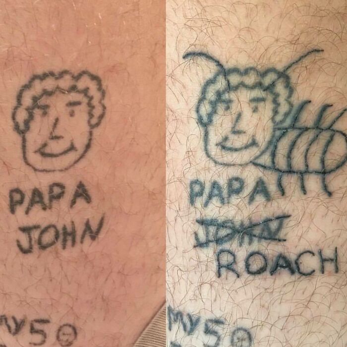Funny poorly planned tattoo with "Papa John" corrected to "Papa Roach" with a cartoon insect.