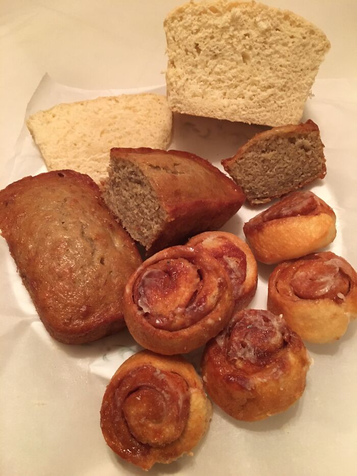 Results Of My Baking Spree Last Night: Yeast Bread, Cinnamon Rolls & Banana Breads ( Mini-Loaves) Tried Posting This Earlier