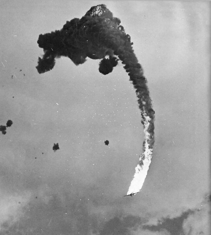 1945. The Final Moments Of A Japanese Dive Bomber, After Being Hit By Anti-Aircraft Fire From The Uss Hornet