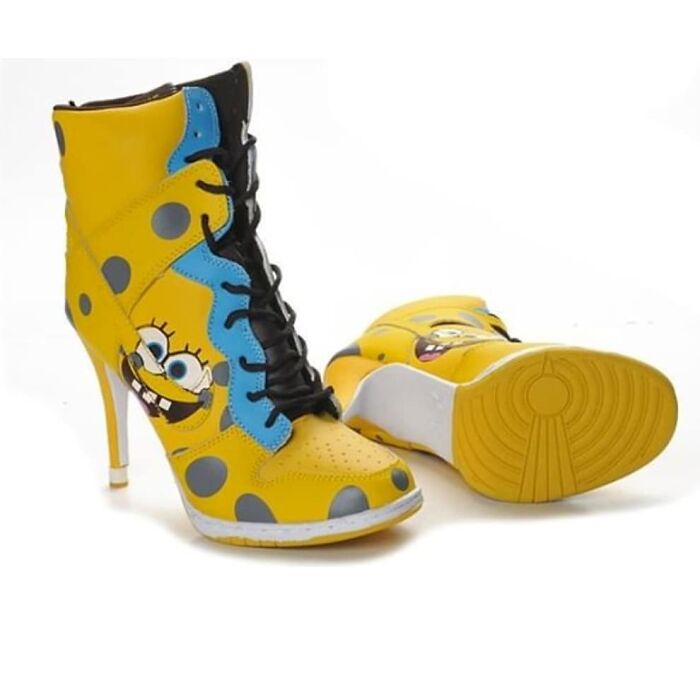 Weird shoes designed like a cartoon character, featuring bright yellow and blue colors with high heels.