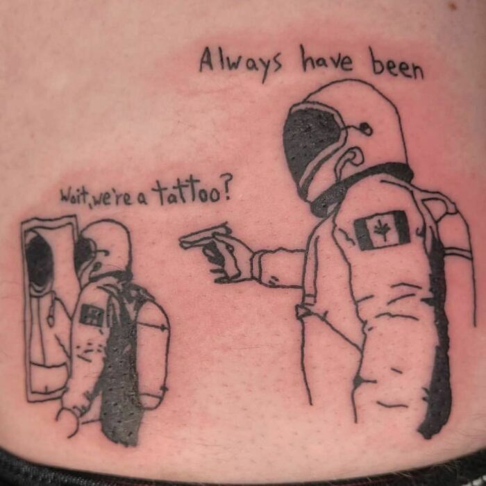 Astronaut-themed tattoo showing humor and irony, illustrating a tattoo idea gone wrong.