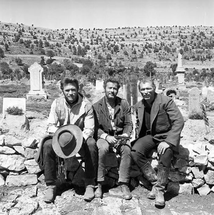 1966. Clint Eastwood, Eli Wallach And Lee Van Cleef On Location For The Climactic Finale At Sad Hill Cemetery During The Filming Of The Good, The Bad And The Ugly